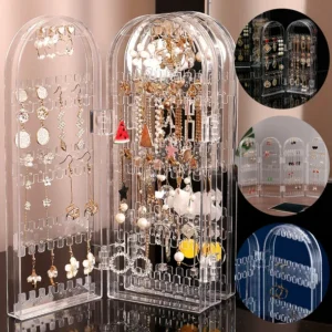 EEEkit 240 Holes 5 Tiers Acrylic Earrings Holder, Double Side Jewelry Hanger Organizer, 4 Doors Foldable Necklaces Bracelets Hanging Organizer, Clear Jewelry Display Stand