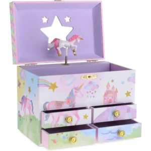 Jewelkeeper Party Unicorn Large Musical Jewelry Storage Box with 4 Pull-out Drawers, Girl