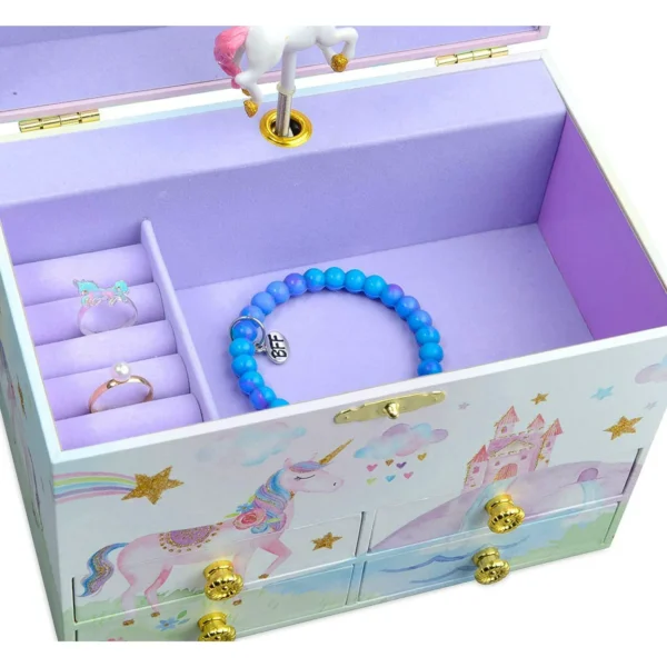 Jewelkeeper Party Unicorn Large Musical Jewelry Storage Box with 4 Pull-out Drawers, Girl - Image 2